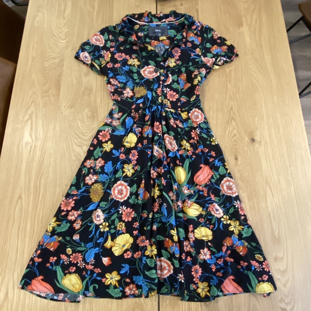 Maeve Anthropologie Bloedel Floral Dress Black Butterfly Ruffle V-neck Midi Sz 0